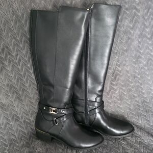 Like New. Liz Claiborne Vegan Leather Black Boots with Gold Hardware